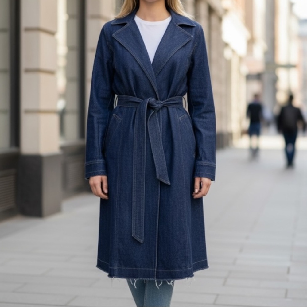 7 for all mankind Raw Hem Denim Robe/Trench Coat Med Dark Indigo Wash SZ S